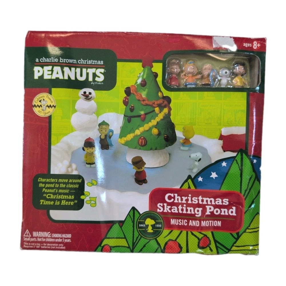 2009 Peanuts Christmas Skating Pond Set Charlie Brown Snoopy Music Motion - New